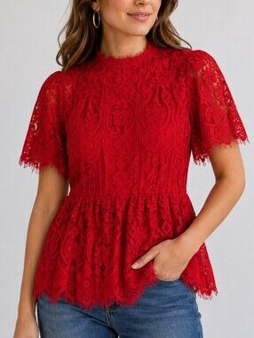 BIGHIT Peekaboo Lace Puff Sleeve Peplum Babydoll Castlecore Blouse